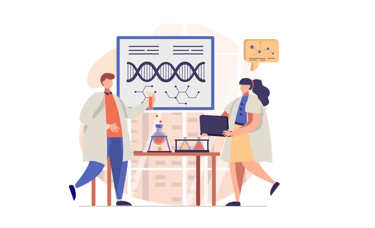 Cientista trabalhando no laboratório de genética  Ilustração