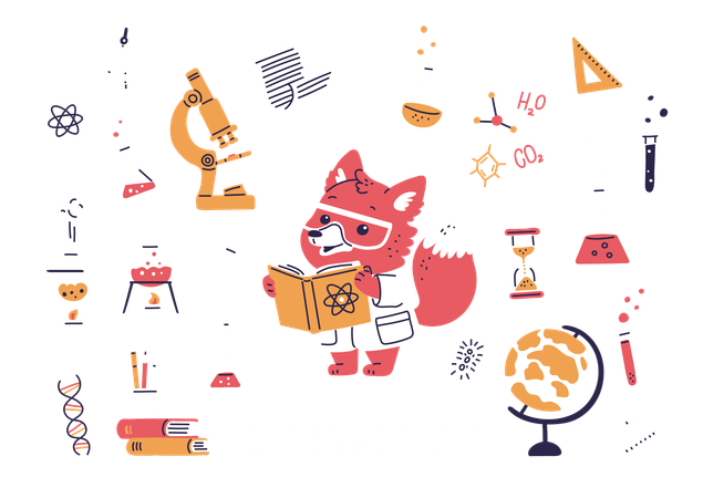 Cientista raposa bonitinha de óculos, jaleco branco, segurando um livro  Ilustração