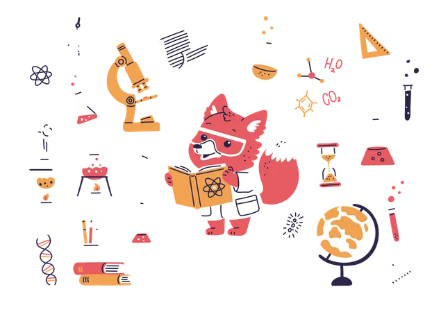 Cientista raposa bonitinha de óculos, jaleco branco, segurando um livro  Ilustração