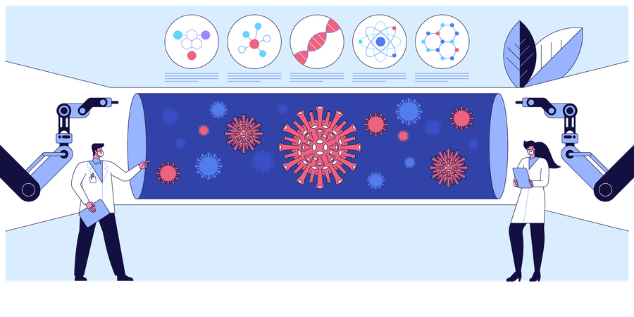 Cientista trabalhando com nível microscópico no coronavírus  Ilustração