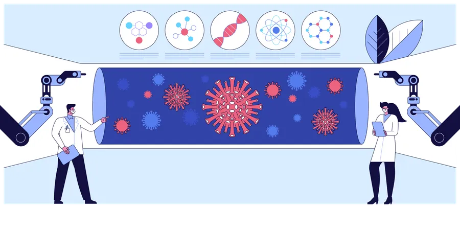 Cientista trabalhando com nível microscópico no coronavírus  Ilustração