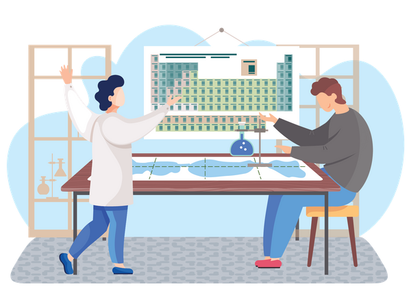 Cientista trabalhando com tabela periódica  Ilustração