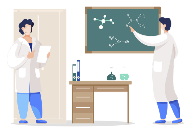 Cientista trabalhando em laboratório enquanto escreve fórmula molecular no quadro  Ilustração