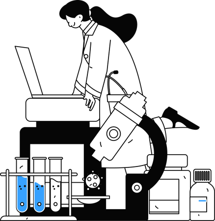 Cientista trabalhando em vírus usando microscópio  Ilustração