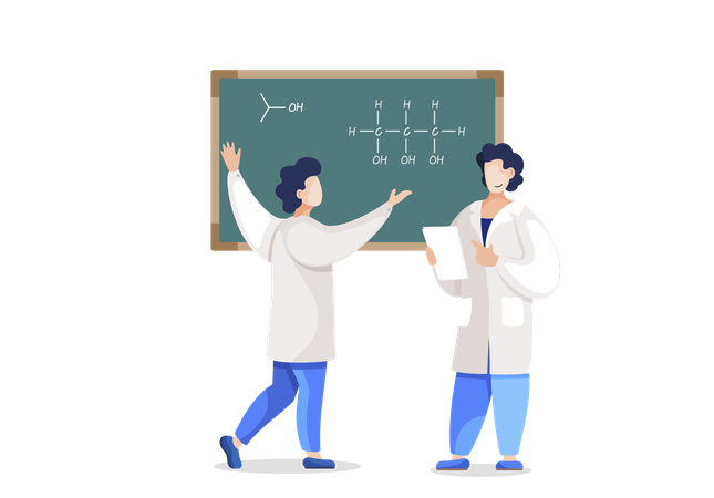 Equipe de cientistas escreve estrutura de molécula no quadro negro e descobre propriedades de substâncias  Ilustração