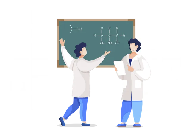 Equipe de cientistas escreve estrutura de molécula no quadro negro e descobre propriedades de substâncias  Ilustração