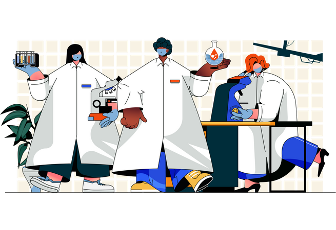 Cientistas fazendo pesquisas em laboratório  Ilustração