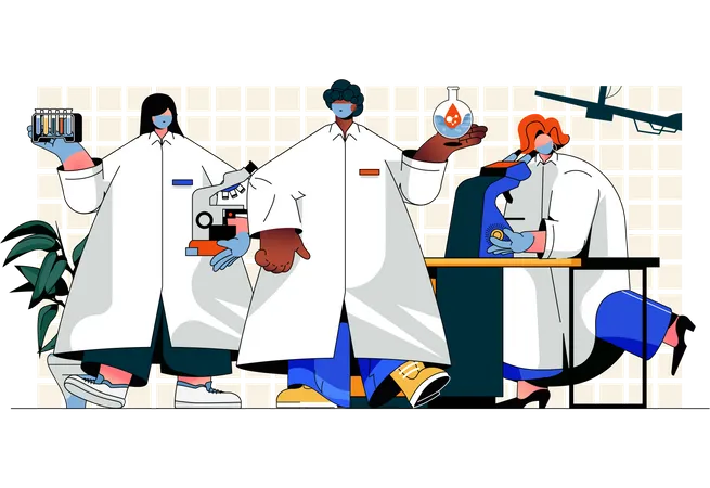 Cientistas fazendo pesquisas em laboratório  Ilustração