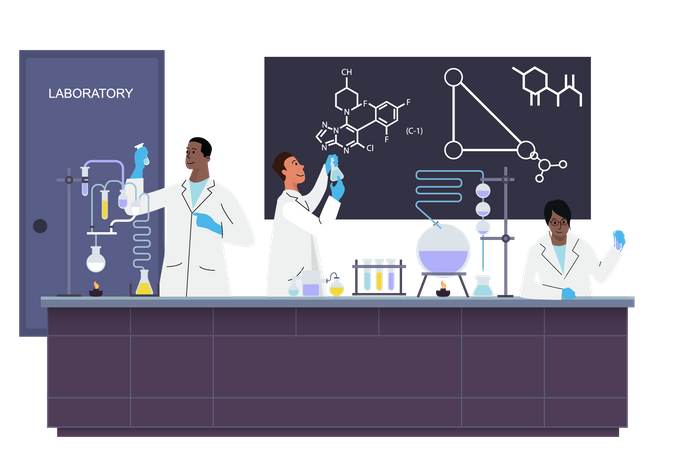 Cientistas fazendo experimentos químicos em laboratório  Ilustração