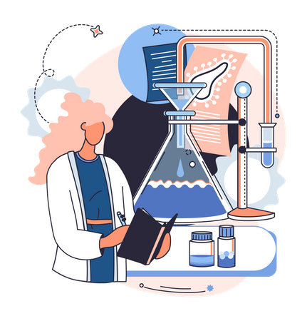 Os cientistas trabalham com equipamento e microscópio  Ilustração