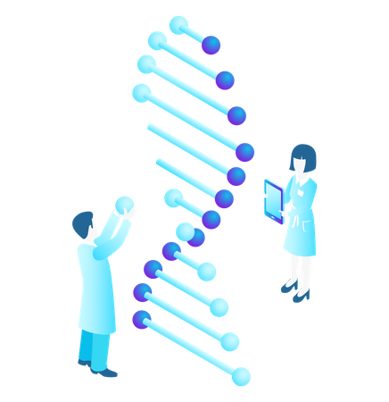 Cientistas que trabalham com DNA de tubos de ensaio de microscópio em laboratório  Ilustração