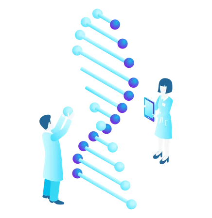 Cientistas que trabalham com DNA de tubos de ensaio de microscópio em laboratório  Ilustração