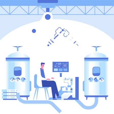 Cientistas trabalhando em laboratório científico automatizado com tecnologia robótica  Ilustração