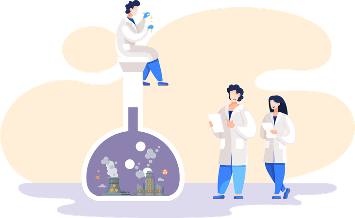 Cientistas trabalhando em laboratório fazendo pesquisas  Ilustração