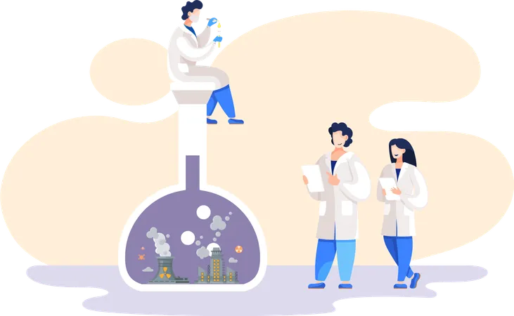 Cientistas trabalhando em laboratório fazendo pesquisas  Ilustração