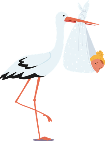 Cigogne portant un nouveau-né dans un sac  Illustration