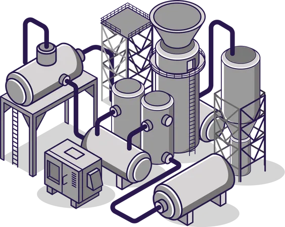 Cilindros y tuberías de gas industrial.  Ilustración