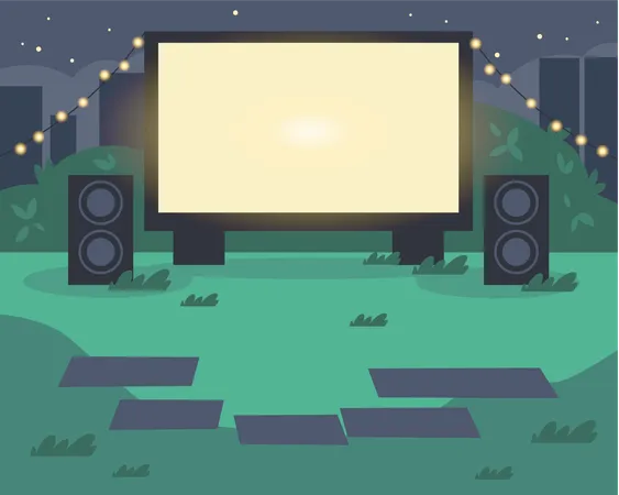 Cine en el parque con manteles individuales con la ciudad como fondo  Ilustración