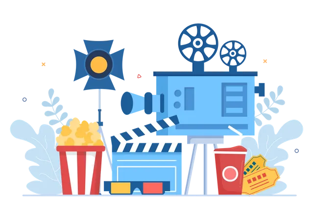 Movie Premiere Show Or Cinema With Camera Popcorn Clapperboard Film Tape And Reel In Flat Design Background Illustration Illustration