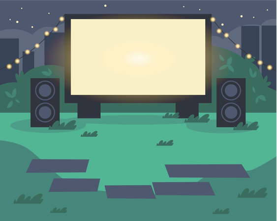 Cinema in the park with place mats against the background of the city  Illustration