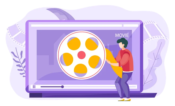 The Man Takes The End Of The Film With Both Hands And Pulling It To Rewind The Movie With Violet Leaves On The Background Purple Laptop Screen With A Video Of Filming Shooting Cinematography Illustration