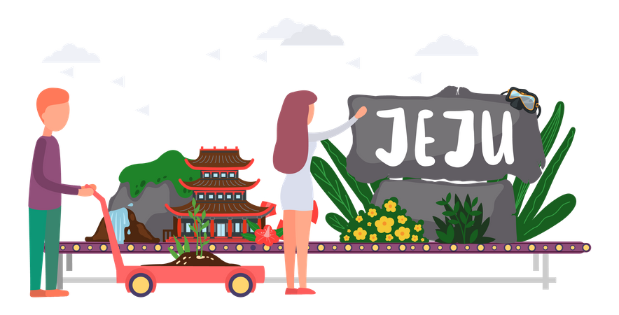 Cinta transportadora con plantas y piedras atracción de la isla de jeju  Ilustración