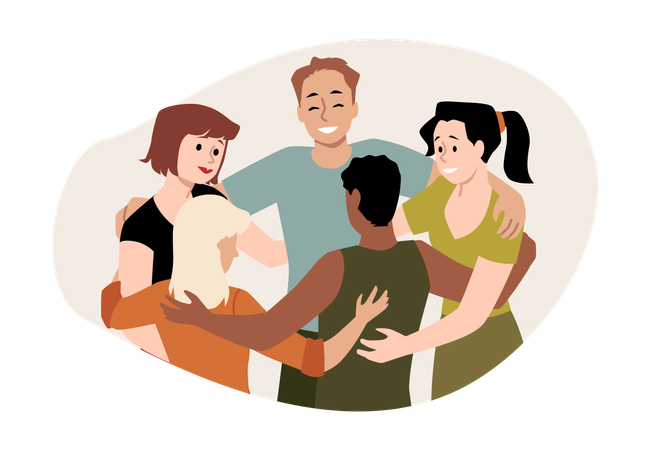 Círculo de hombres y mujeres diversos en un abrazo grupal.  Ilustración