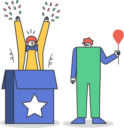 Circus clowns jumping out of box  Illustration