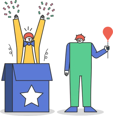 Circus clowns jumping out of box  Illustration