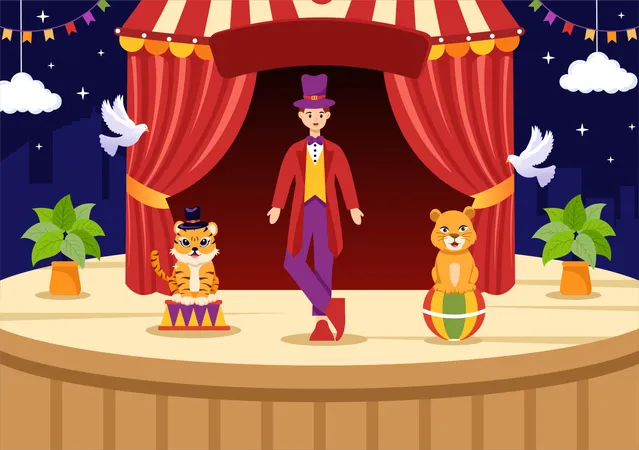 Circus Vector Illustration With Show Of Gymnast Magician Animal Lion Tiger Host Entertainer Clowns And Amusement Park In Flat Cartoon Background Illustration