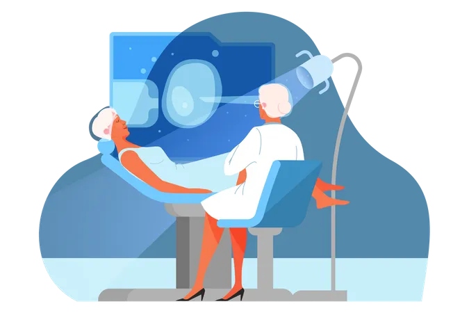Ilustracion Vectorial De Atencion Sanitaria Innovadora Concepto De Tratamiento De Medicina Moderna Entorno Virtual En El Hospital Paciente Que Utiliza Tecnologia Medica Virtual Una Idea De Innovacion Clinica Ilustración