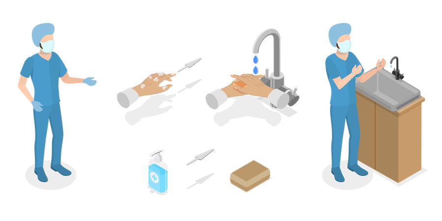 Cirujano haciendo lavado de manos quirúrgico  Ilustración