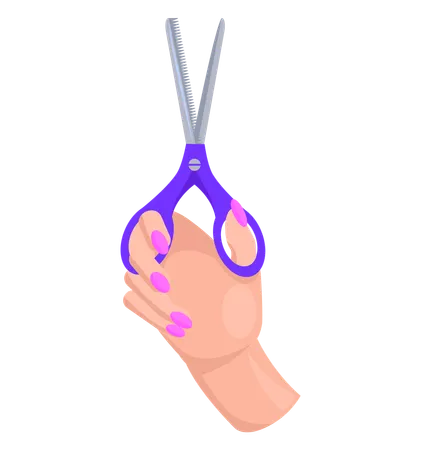 Ciseaux de fer dans la main humaine avec poignée en plastique bleu  Illustration