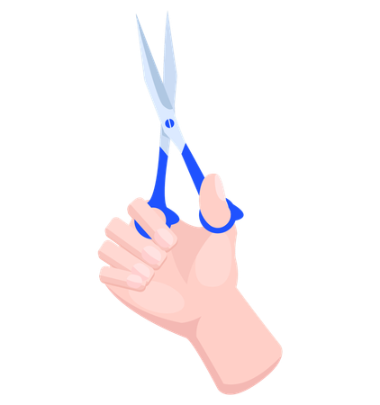 Ciseaux de fer dans la main humaine avec poignée en plastique bleu bleu  Illustration