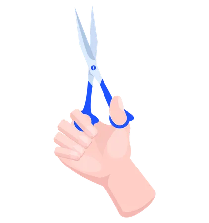 Ciseaux de fer dans la main humaine avec poignée en plastique bleu bleu  Illustration
