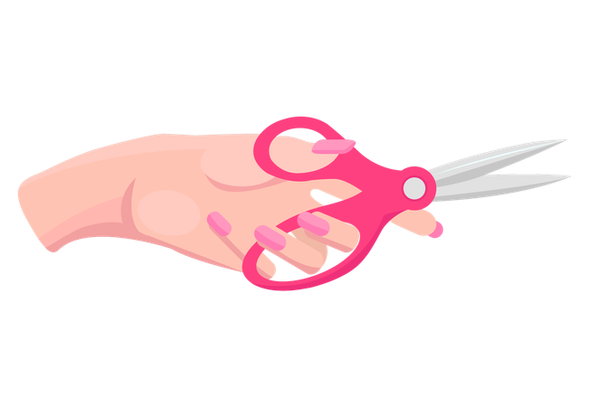 Ciseaux de fer dans la main humaine avec poignée en plastique rose  Illustration