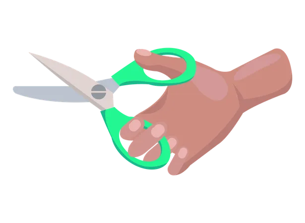 Ciseaux de fer dans la main humaine avec poignée en plastique vert  Illustration
