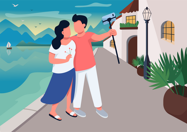 Cita de pareja en el pueblo turístico  Ilustración