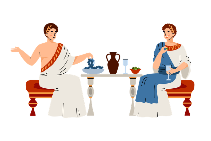 Citizens in traditional clothes ancient rome eat fruit, drink wine and talking  Illustration