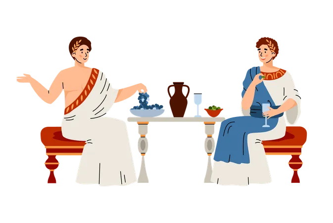 Citizens in traditional clothes ancient rome eat fruit, drink wine and talking  Illustration