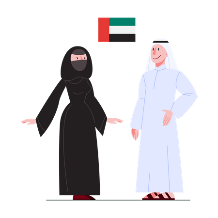 Citoyen des Émirats arabes unis en costume national avec un drapeau  Illustration
