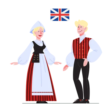 Citoyen du Royaume-Uni en costume national avec un drapeau  Illustration