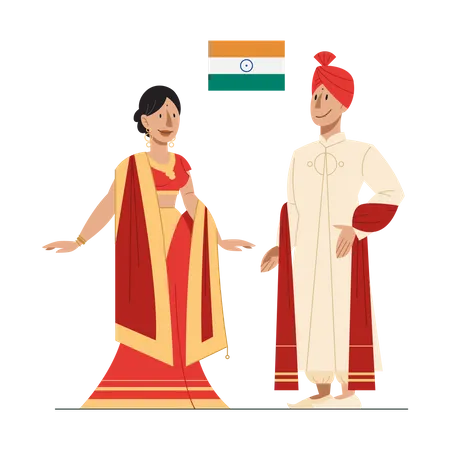 Citoyen indien en costume national avec un drapeau  Illustration