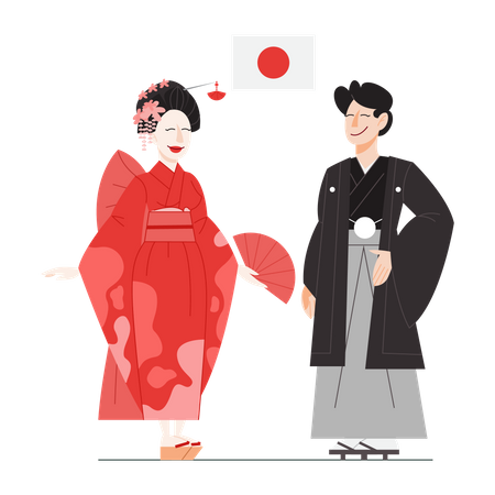 Citoyen japonais en costume national avec un drapeau  Illustration