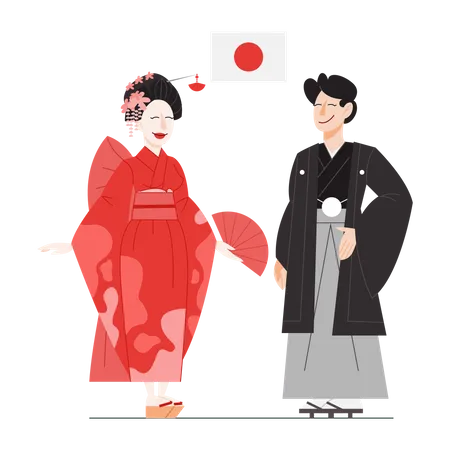 Citoyen japonais en costume national avec un drapeau  Illustration