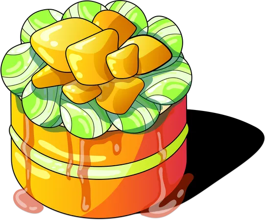 This Whimsical Cake Illustration Showcases A Bright Orange And Yellow Cake Adorned With Candy Like Green And Yellow Toppings Symbolizing A Burst Of Citrus Flavors Illustration