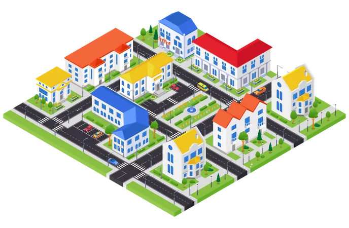 City Architecture Modern Vector Colorful Isometric Illustration Urban Landscape With Apartment Houses Road With Cars Square With A Fountain Real Estate Housing Complex Construction Idea Illustration