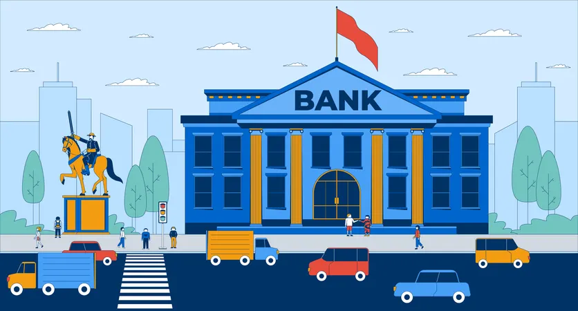 City bank building with people and urban traffic  Illustration