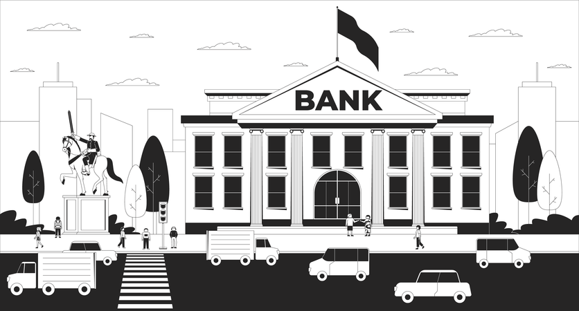 City bank building with people and urban traffic  Illustration