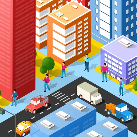 Lifestyle Scene Urban Isometric Illustration Of A City Block With Houses Streets People Cars Illustration For The Design And Games Industry Illustration